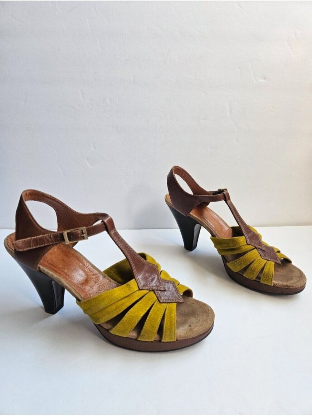 Chie Mihara Yellow Suede Peep Toe T-Strap Sandals